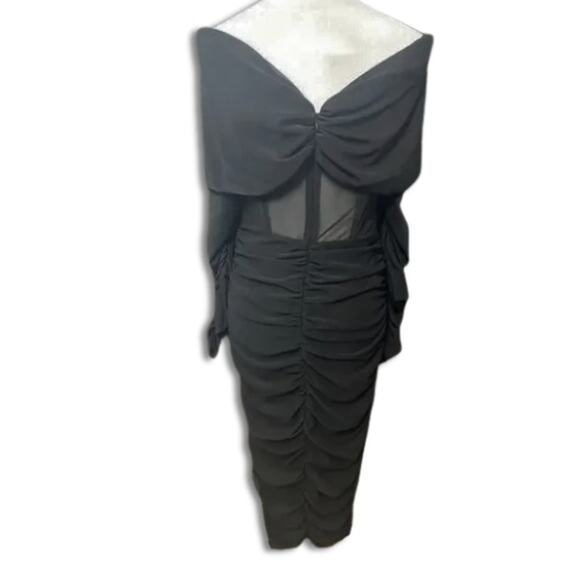 ASOS Luxe Curve Midi Dress Ruched Mesh Long Sleeve Back Zip Closure Black 12 NWT - Picture 4 of 10